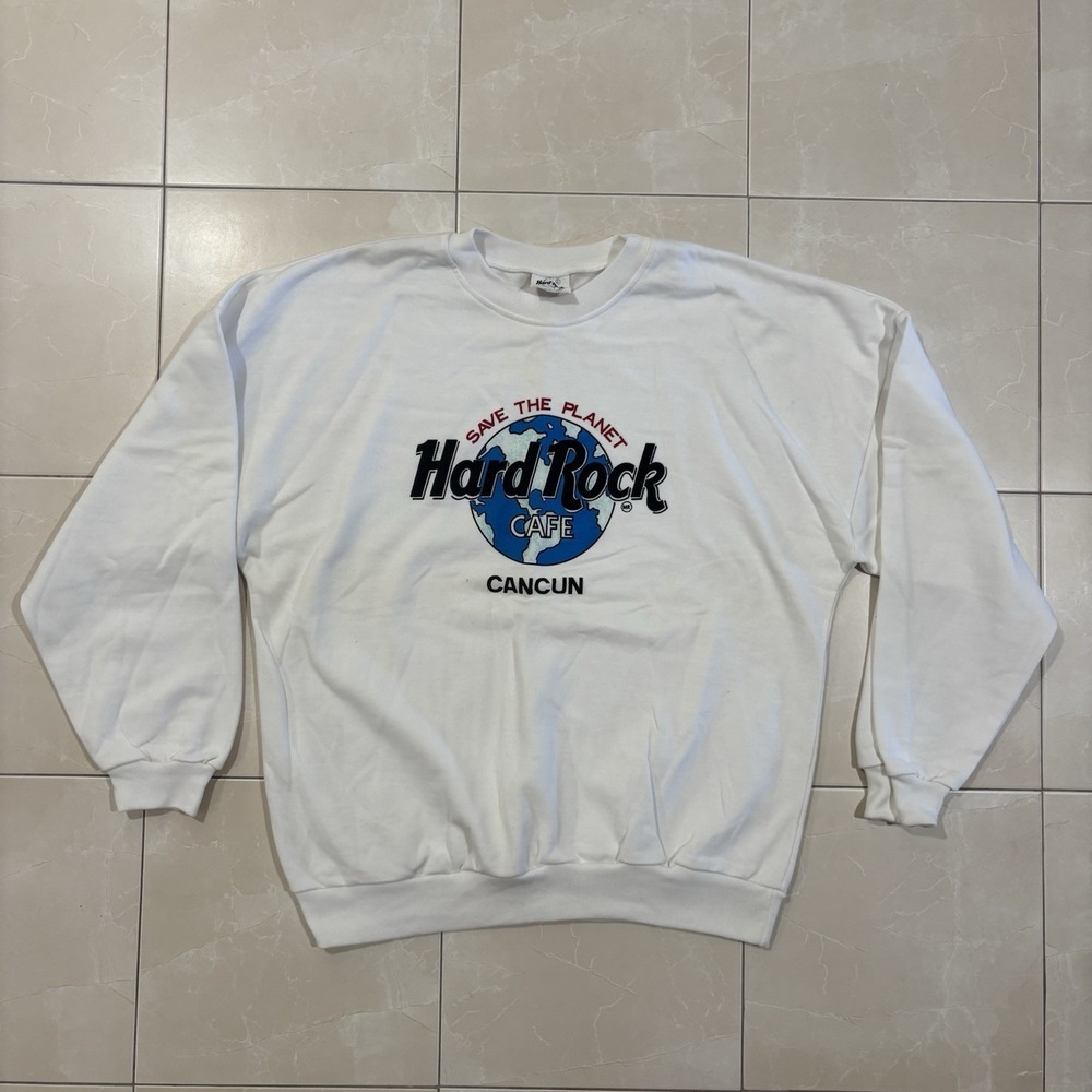 Vintage Hard Rock Cafe Sweater Cancun Mexico Crewneck White Men's L 90s Y2K - Picture 2 of 10